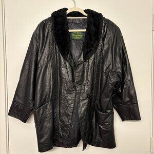 Vintage Black Leather Coat with Faux Fur Collar